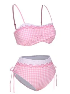 [Pre-Sale] Pink 1950s Spaghetti Strap Heart Plaids Swimsuit -Women's Fashion Sales SCXL000282 2 compressed