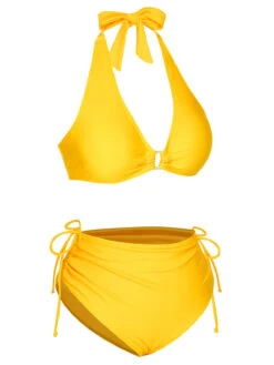 [Pre-Sale] Yellow 1970s Lace-Up Halter Bikini Set -Women's Fashion Sales SCXL000288 2