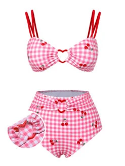 [Pre-Sale] Pink 1950s Plaid & Cherry Strap Swimsuit