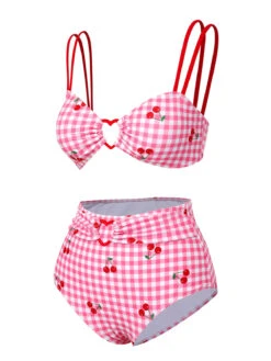 [Pre-Sale] Pink 1950s Plaid & Cherry Strap Swimsuit -Women's Fashion Sales SCXL000302 2