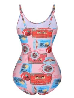 Pink 1940s Spaghetti Strap Print One-Piece Swimsuit -Women's Fashion Sales SCXL000316 3 compressed