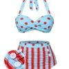 Blue 1940s Polka Dot Stripe Halter Swimsuit -Women's Fashion Sales SCXL000327 01