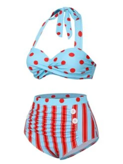 Blue 1940s Polka Dot Stripe Halter Swimsuit -Women's Fashion Sales SCXL000327 2