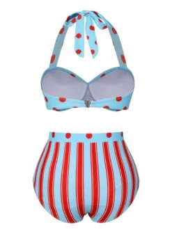 Blue 1940s Polka Dot Stripe Halter Swimsuit -Women's Fashion Sales SCXL000327 3