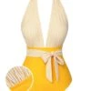 Yellow 1950s Halter Striped Patchwork Swimsuit -Women's Fashion Sales SCXL000328 01