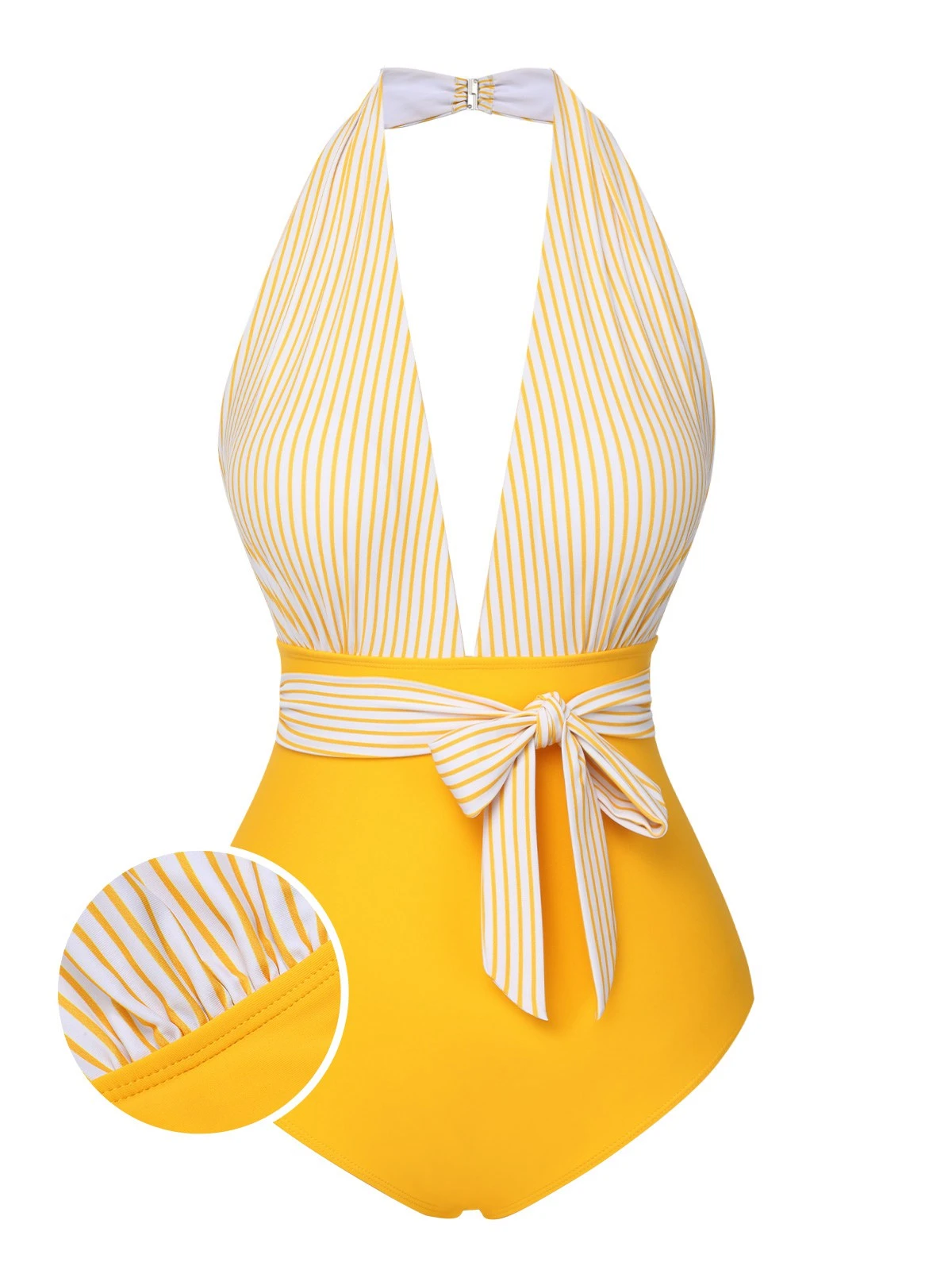 Yellow 1950s Halter Striped Patchwork Swimsuit 3 Yellow 1950s Halter Striped Patchwork Swimsuit
