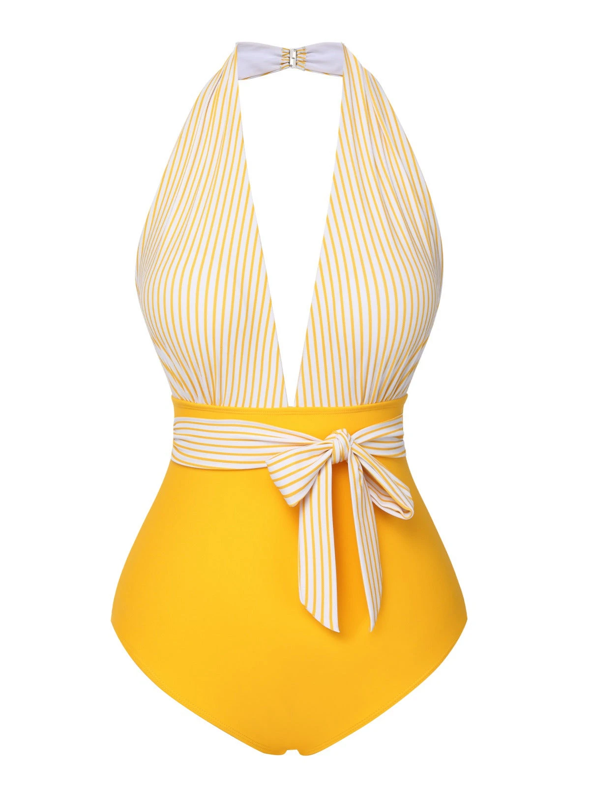 Yellow 1950s Halter Striped Patchwork Swimsuit 4 Yellow 1950s Halter Striped Patchwork Swimsuit - Image 2
