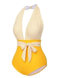 Yellow 1950s Halter Striped Patchwork Swimsuit 11 Yellow 1950s Halter Striped Patchwork Swimsuit -Women's Fashion Sales SCXL000328 2