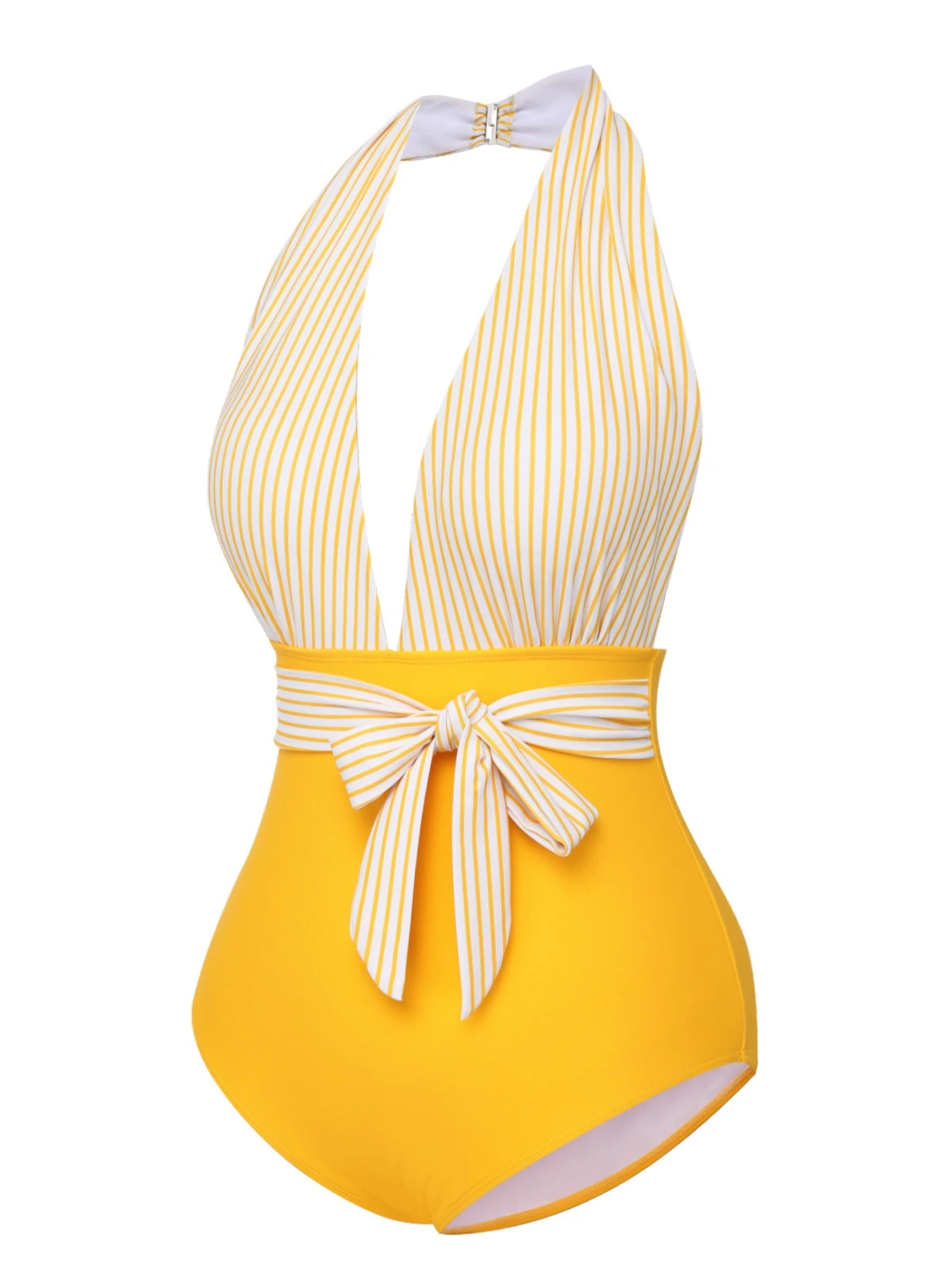 Yellow 1950s Halter Striped Patchwork Swimsuit 5 Yellow 1950s Halter Striped Patchwork Swimsuit - Image 3