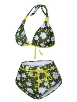 [Pre-Sale] Dark Green 1940s Halter Bow Floral Swimsuit -Women's Fashion Sales SCXL000329 2 compressed