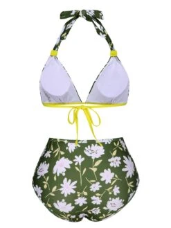 [Pre-Sale] Dark Green 1940s Halter Bow Floral Swimsuit -Women's Fashion Sales SCXL000329 3 compressed