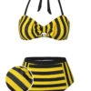 Yellow & Black 1970s Striped Bow Halter Swimsuit -Women's Fashion Sales SCXL000330 01
