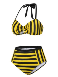 Yellow & Black 1970s Striped Bow Halter Swimsuit -Women's Fashion Sales SCXL000330 2