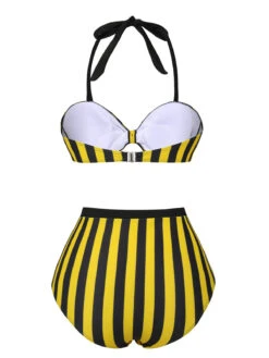 Yellow & Black 1970s Striped Bow Halter Swimsuit -Women's Fashion Sales SCXL000330 3