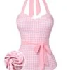Pink 1940s Plaid Halter One-Piece Swimsuit -Women's Fashion Sales SCXL000334 01