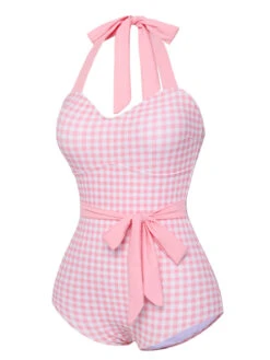 Pink 1940s Plaid Halter One-Piece Swimsuit -Women's Fashion Sales SCXL000334 2