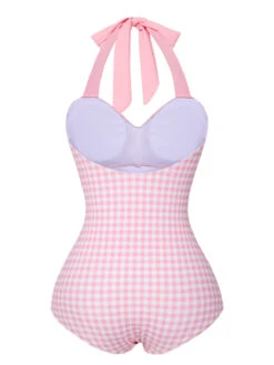 Pink 1940s Plaid Halter One-Piece Swimsuit -Women's Fashion Sales SCXL000334 3