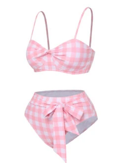 [Pre-Sale] Pink 1940s Spaghetti Strap Plaid Bow Swimsuit -Women's Fashion Sales SCXL000338 2