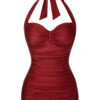 [Pre-Sale] Red 1950s Solid Gathered Halter Swimsuit -Women's Fashion Sales SCXL000340 1
