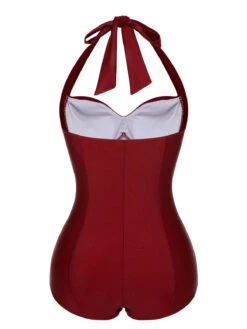 [Pre-Sale] Red 1950s Solid Gathered Halter Swimsuit -Women's Fashion Sales SCXL000340 3