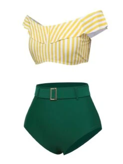 Multicolor 1930s Off-Shoulder Stripes Swimsuit -Women's Fashion Sales SCXL000357 2 compressed