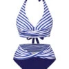 Blue 1940s Striped Contrast Knit Halter Swimsuit -Women's Fashion Sales SCXL000359 1