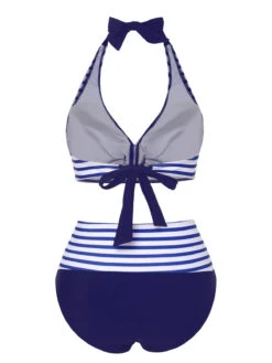 Blue 1940s Striped Contrast Knit Halter Swimsuit -Women's Fashion Sales SCXL000359 3
