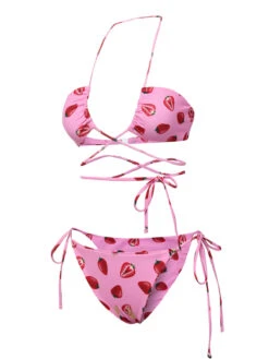 Pink 1950s Strawberry Waist Tie Halter Bikini Set -Women's Fashion Sales SCXL000362 2