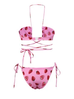 Pink 1950s Strawberry Waist Tie Halter Bikini Set -Women's Fashion Sales SCXL000362 3