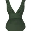 Army Green 1950s Solid Ruffles V-Neck Swimsuit