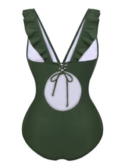 Army Green 1950s Solid Ruffles V-Neck Swimsuit -Women's Fashion Sales SCXL000365 3