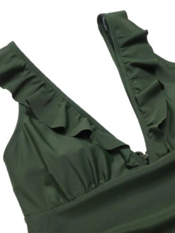 Army Green 1950s Solid Ruffles V-Neck Swimsuit -Women's Fashion Sales SCXL000365 4