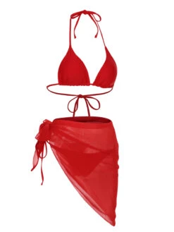 Red 1950s Solid Halter Bikini Set & Cover-Up -Women's Fashion Sales SCXL000393 2