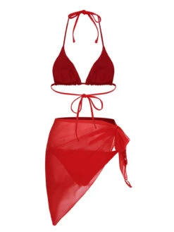 Red 1950s Solid Halter Bikini Set & Cover-Up -Women's Fashion Sales SCXL000393 3