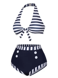 Dark Blue 1930s Stripes Halter Buttons Swimsuit -Women's Fashion Sales SCXL000397 2