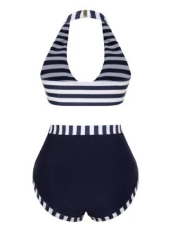 Dark Blue 1930s Stripes Halter Buttons Swimsuit -Women's Fashion Sales SCXL000397 3