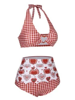 Red 1950s Halter Heart Plaids Swimsuit -Women's Fashion Sales SCXL000406 2 compressed