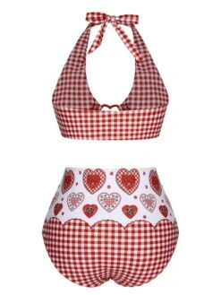 Red 1950s Halter Heart Plaids Swimsuit -Women's Fashion Sales SCXL000406 3 compressed