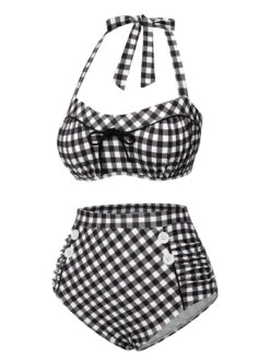 Black 1940s Plaid Halter Swimsuit -Women's Fashion Sales SCXL000407 2