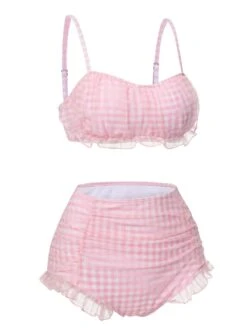 [Pre-Sale] Pink 1940s Spaghetti Strap Mesh Plaids Swimsuit -Women's Fashion Sales SCXL000409 2 compressed