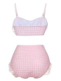 [Pre-Sale] Pink 1940s Spaghetti Strap Mesh Plaids Swimsuit -Women's Fashion Sales SCXL000409 3 compressed