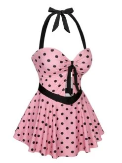 Pink 1950s Halter Polka Dots One-Piece Swimsuit -Women's Fashion Sales SCXL000412 2 compressed