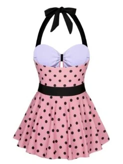 Pink 1950s Halter Polka Dots One-Piece Swimsuit -Women's Fashion Sales SCXL000412 3 compressed