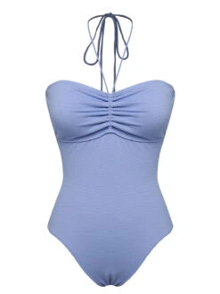 Sky Blue 1970s Solid Drawstring Bandeau Swimsuit