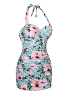 [Pre-Sale] Green & Pink 1930s Floral Polka Dot Halter Swimsuit -Women's Fashion Sales SCXL000428 2