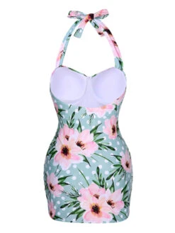 [Pre-Sale] Green & Pink 1930s Floral Polka Dot Halter Swimsuit -Women's Fashion Sales SCXL000428 3