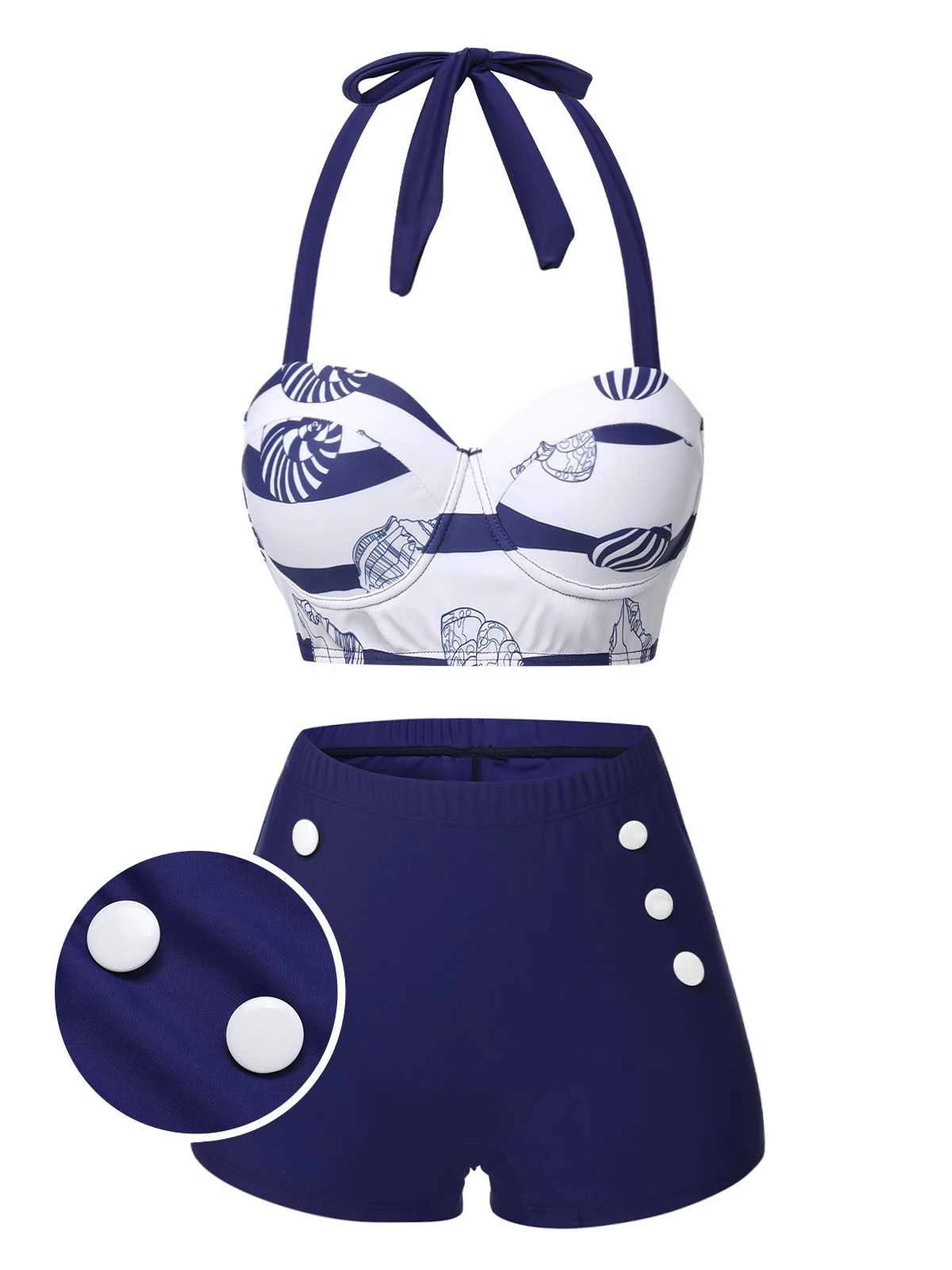 Dark Blue 1940s Halter Ocean Stripes Swimsuit 3 Dark Blue 1940s Halter Ocean Stripes Swimsuit