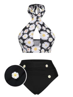 [Pre-Sale] Black 1950s Daisy Cross Strap Swimsuit