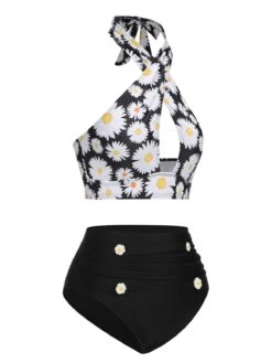 [Pre-Sale] Black 1950s Daisy Cross Strap Swimsuit -Women's Fashion Sales SCXL000442 2 compressed