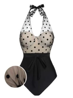 [Pre-Sale] Black 1950s Halter Polka Dots Mesh Swimsuit